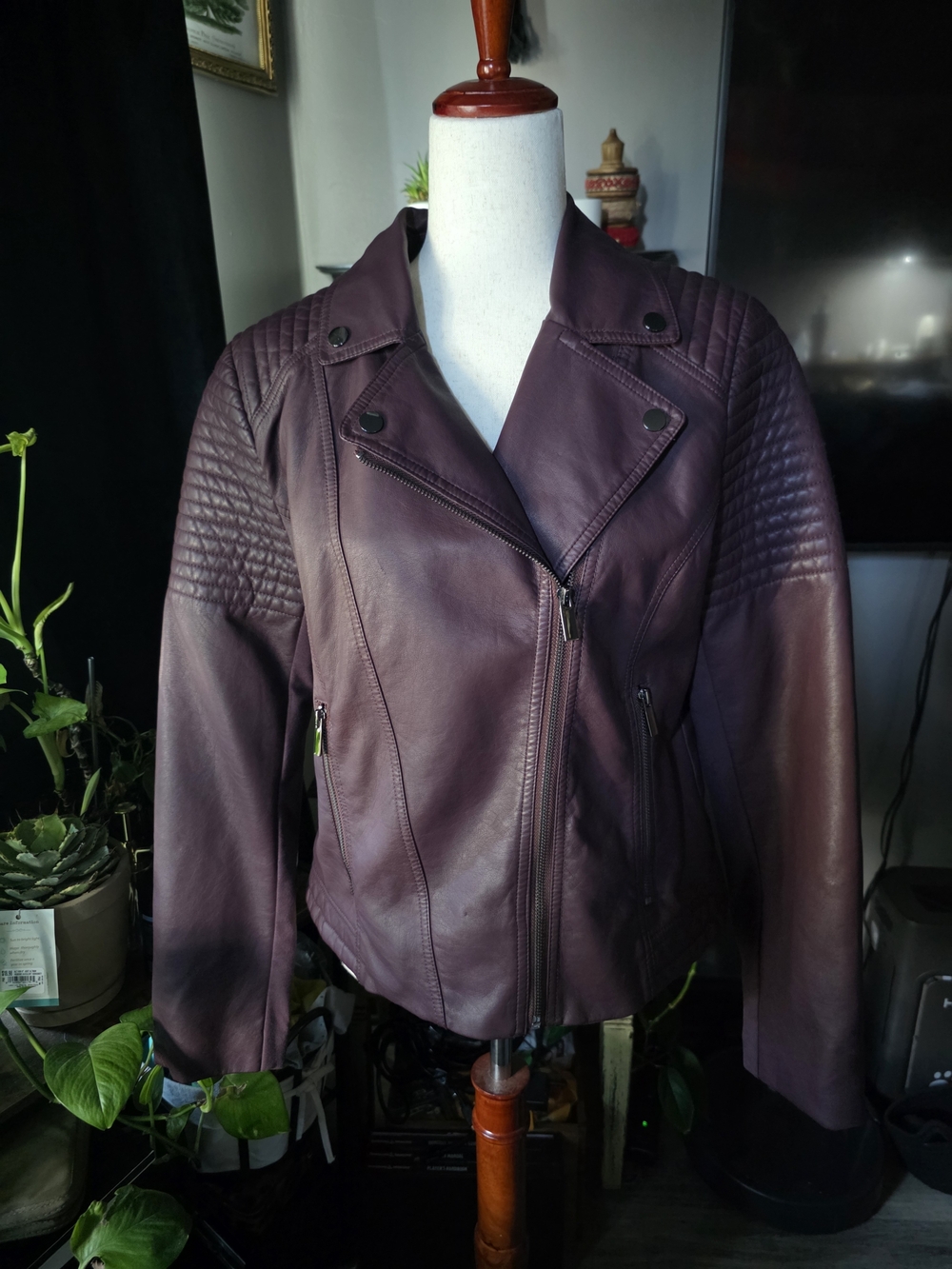 New York & Company Plum Faux Leather Moto Jacket